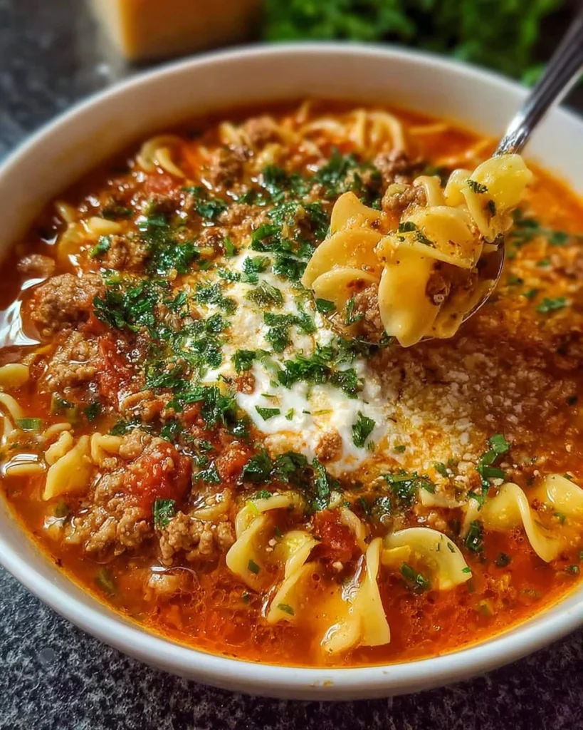 Bowl of homemade lasagna soup with egg noodles and fresh herbs