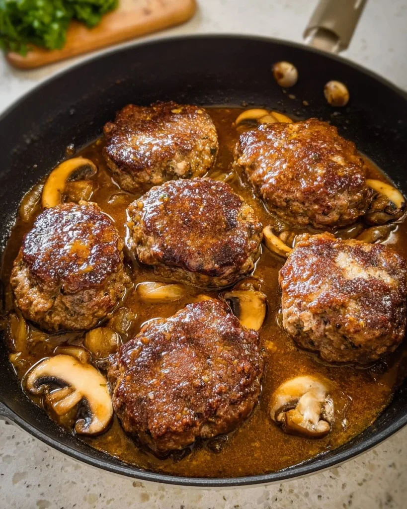 Homemade lighter Salisbury steaks served with vegetables on a plate.