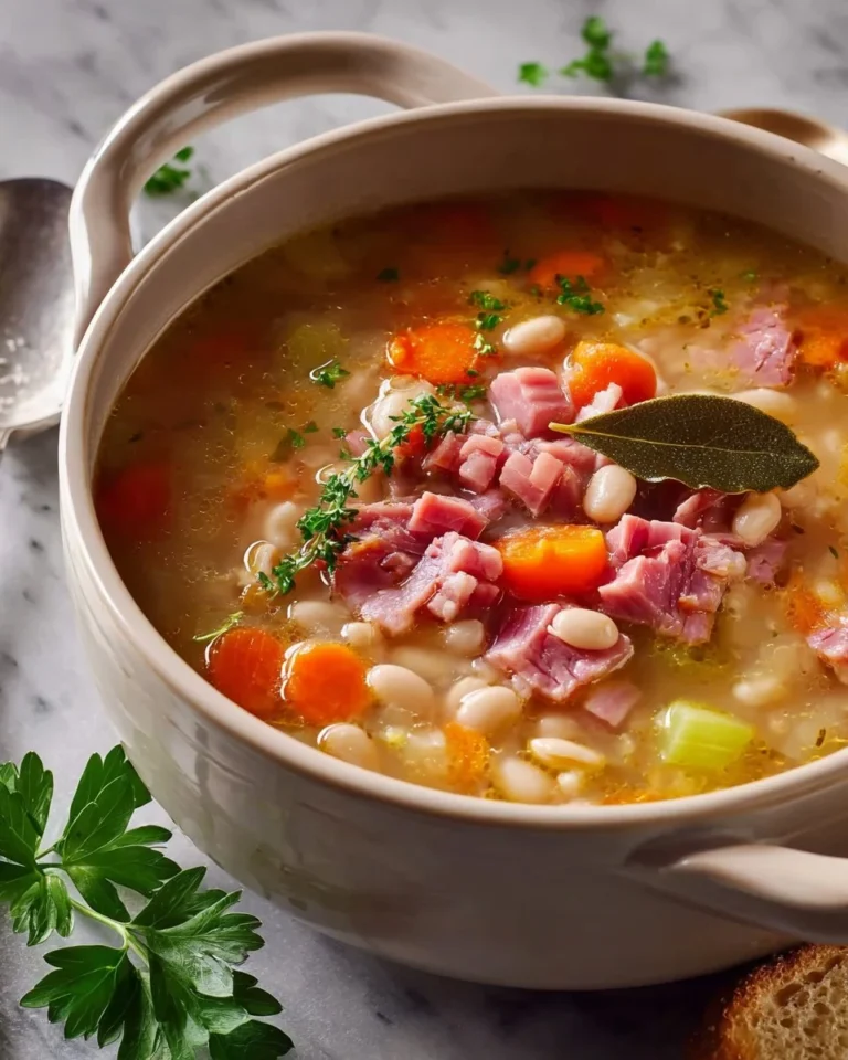 Bowl of homemade navy bean ham bone soup garnished with parsley
