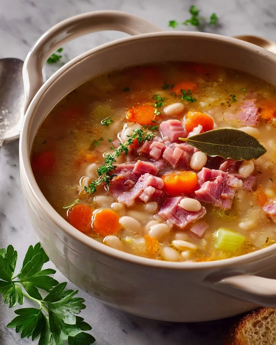 Bowl of homemade navy bean ham bone soup garnished with parsley