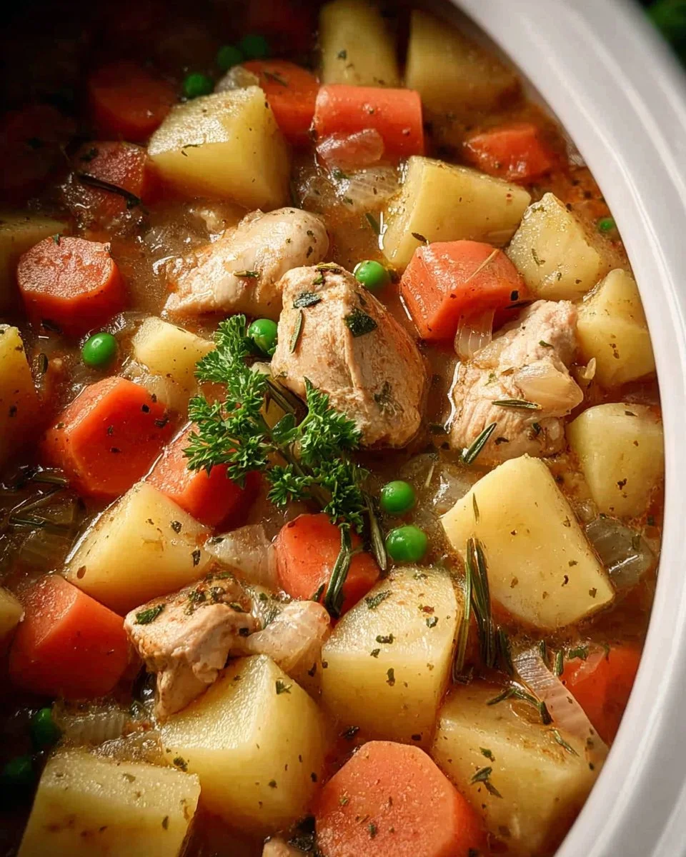 Bowl of homemade slow cooker chicken stew with vegetables and herbs