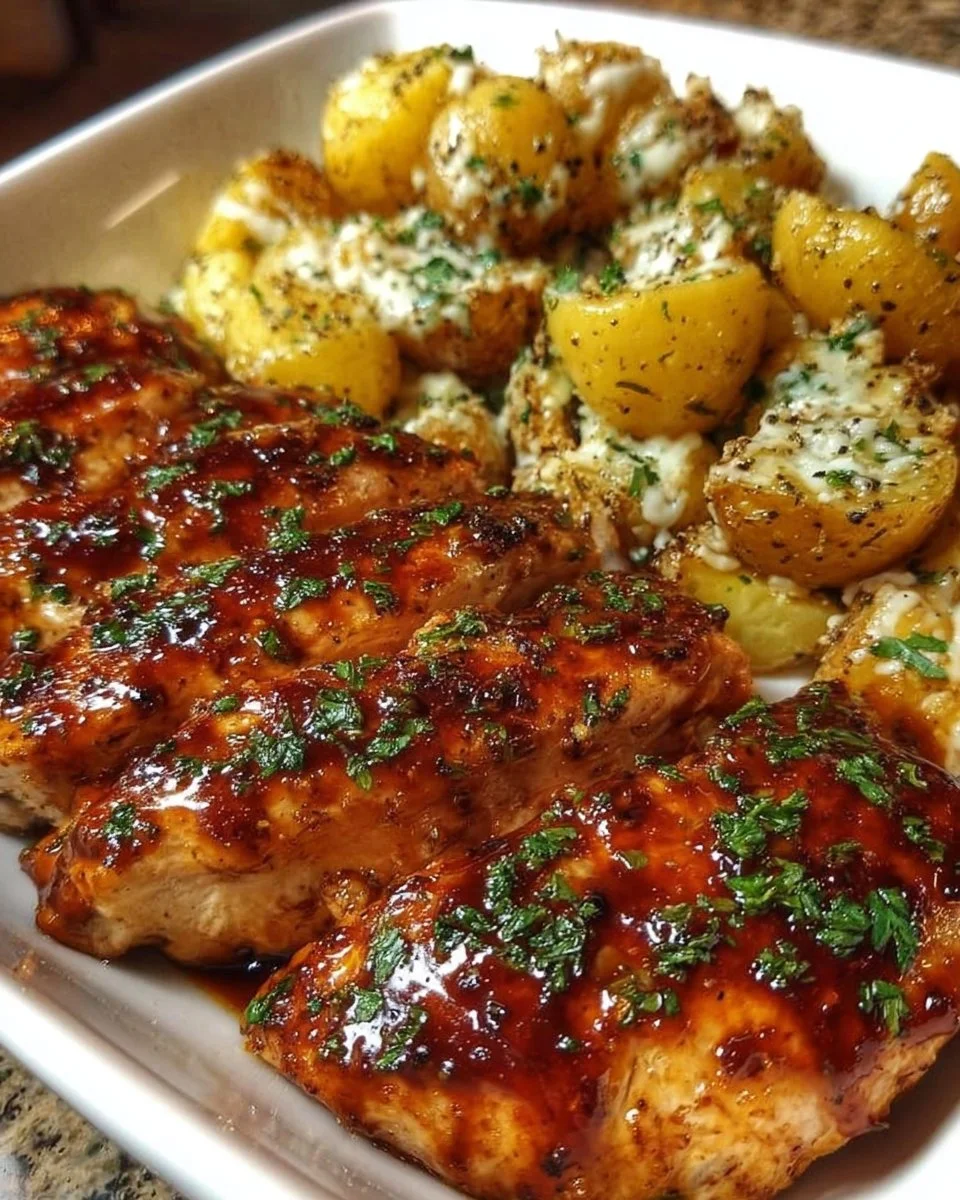 Honey BBQ Chicken served with garlic parmesan potatoes on a plate