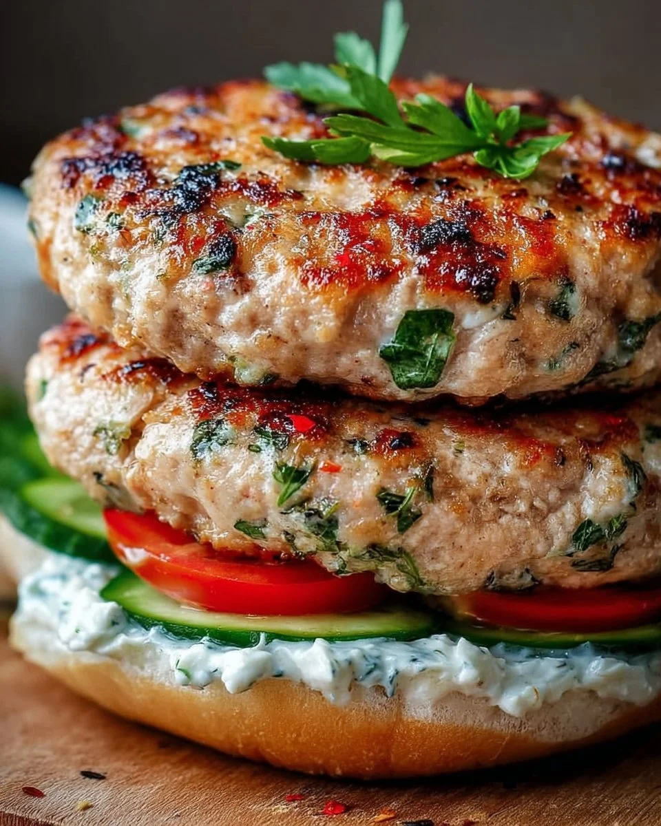 Juicy Greek chicken burgers served with tzatziki sauce on a plate