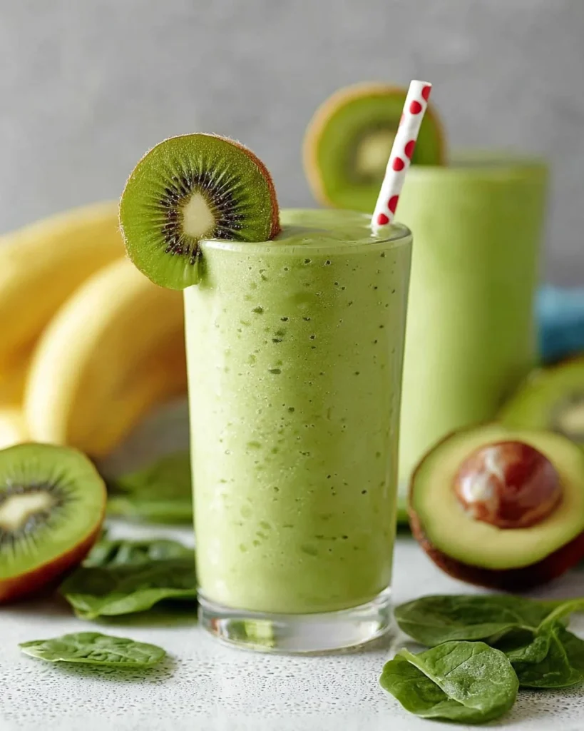Kiwi Pineapple Spinach Smoothie in a glass with fresh fruits