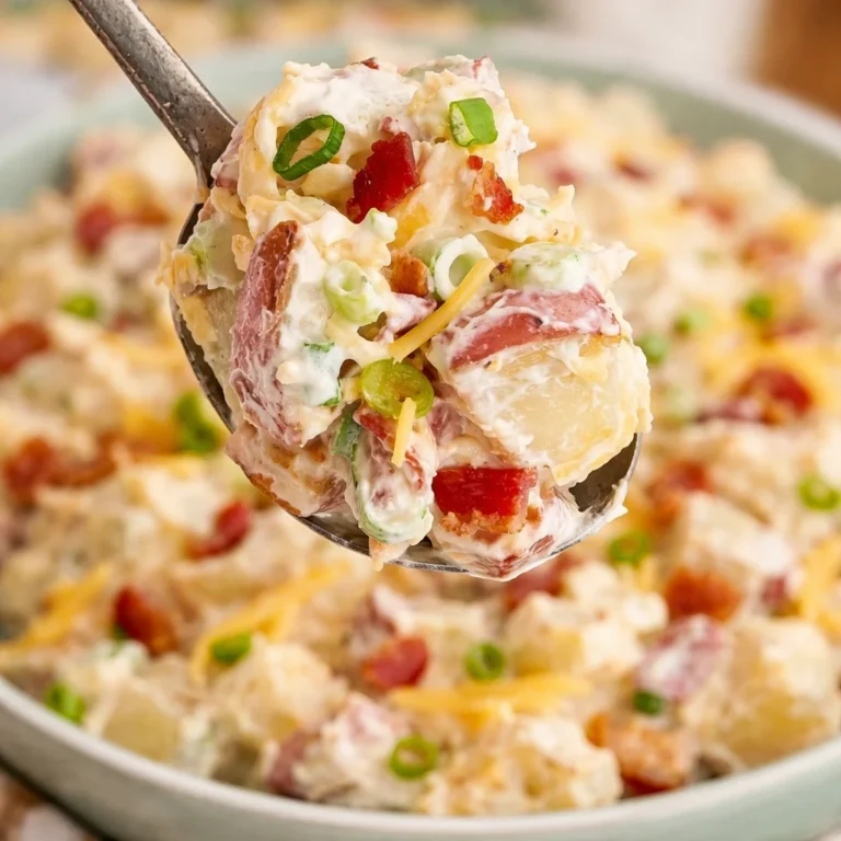 Delicious loaded potato salad with bacon, cheddar, and green onions.
