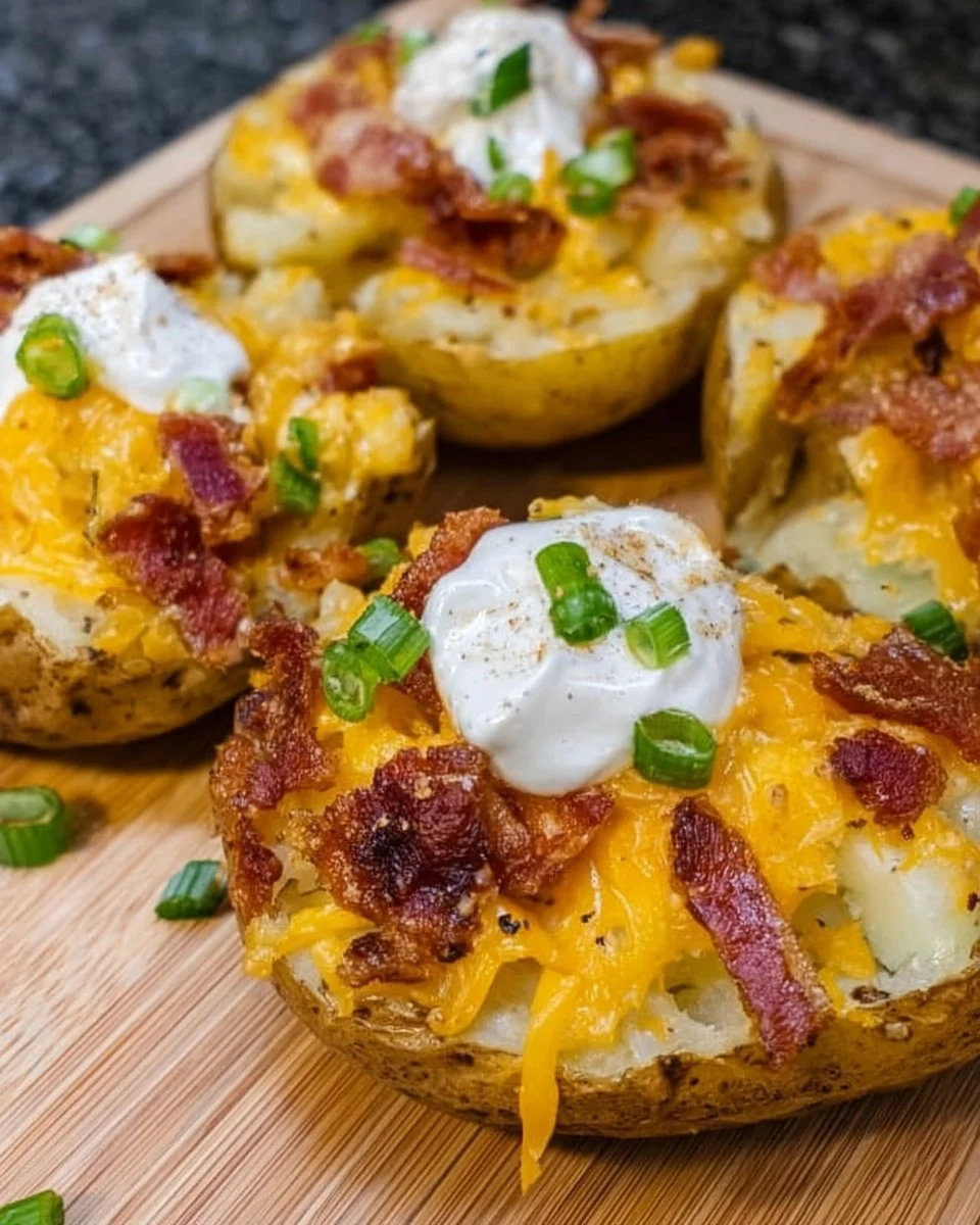 Loaded smashed potatoes topped with cheese and bacon in a bowl