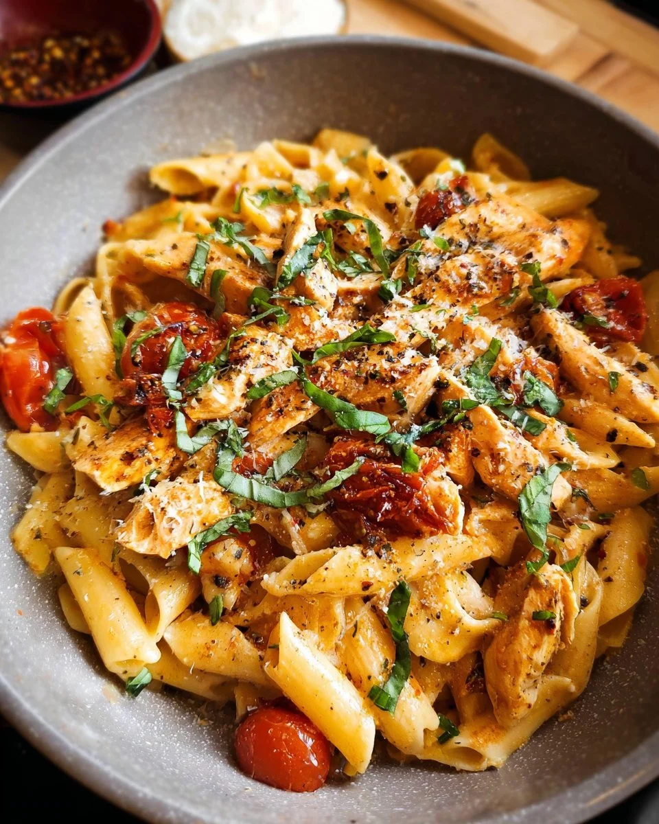 Delicious Marry Me Chicken Pasta garnished with herbs and served on a plate.