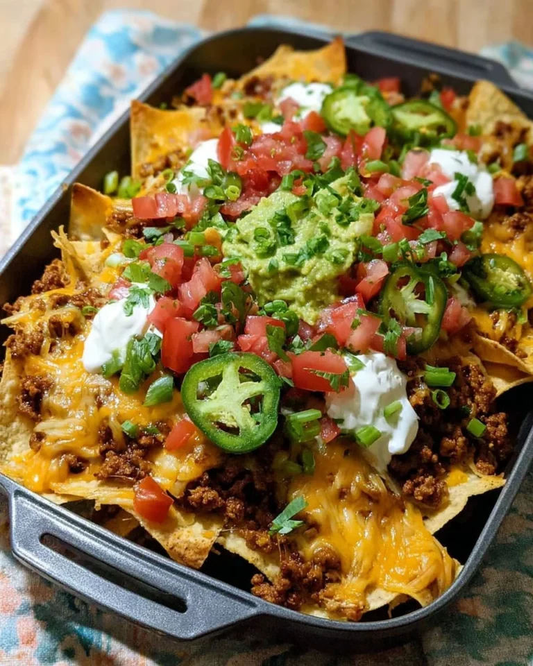 Mexican loaded nachos topped with ground turkey and garnished with fresh ingredients