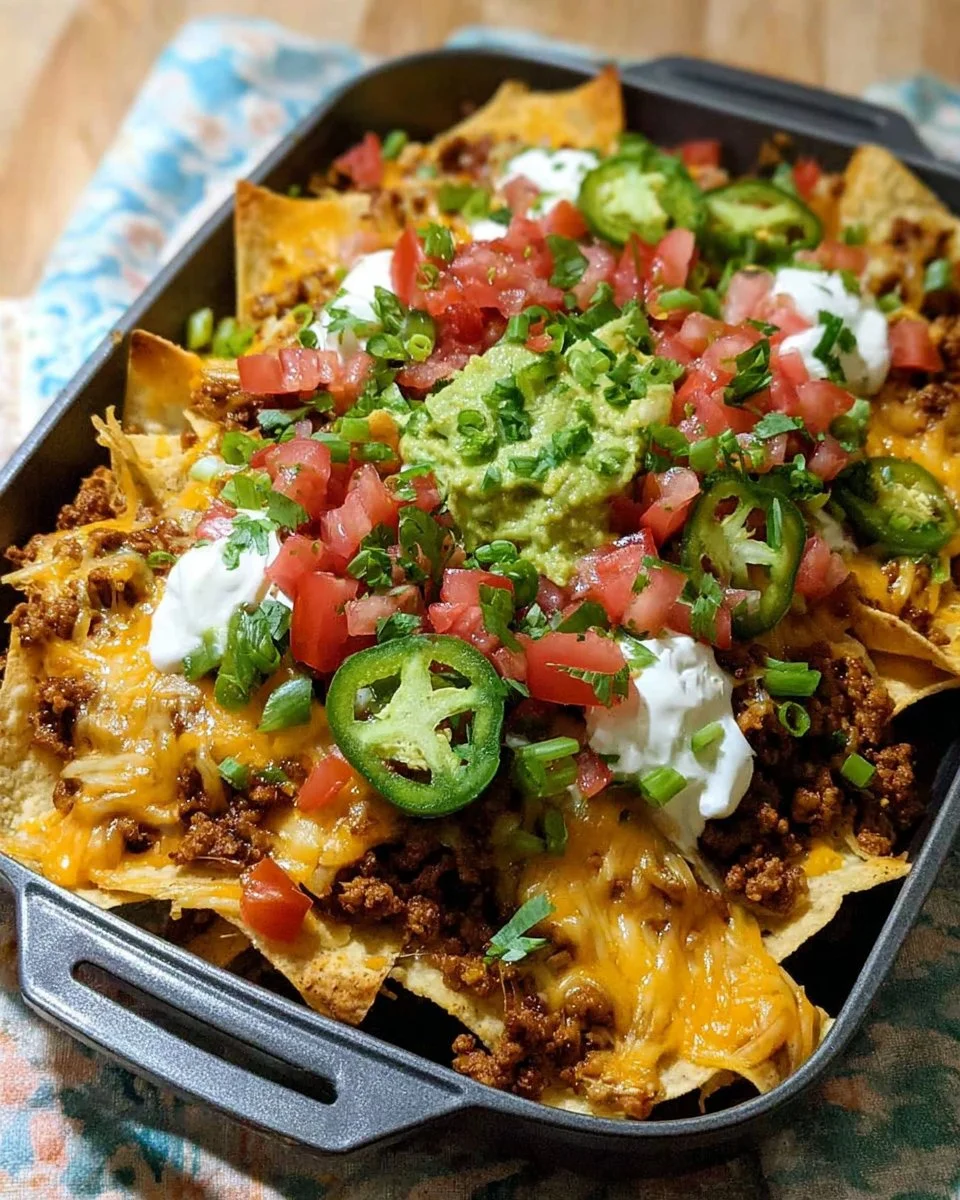 Mexican loaded nachos topped with ground turkey and garnished with fresh ingredients