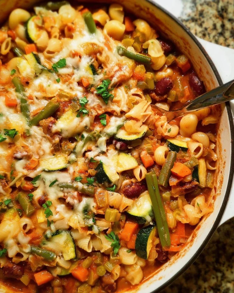 Delicious minestrone casserole with fresh vegetables and herbs in a baking dish.
