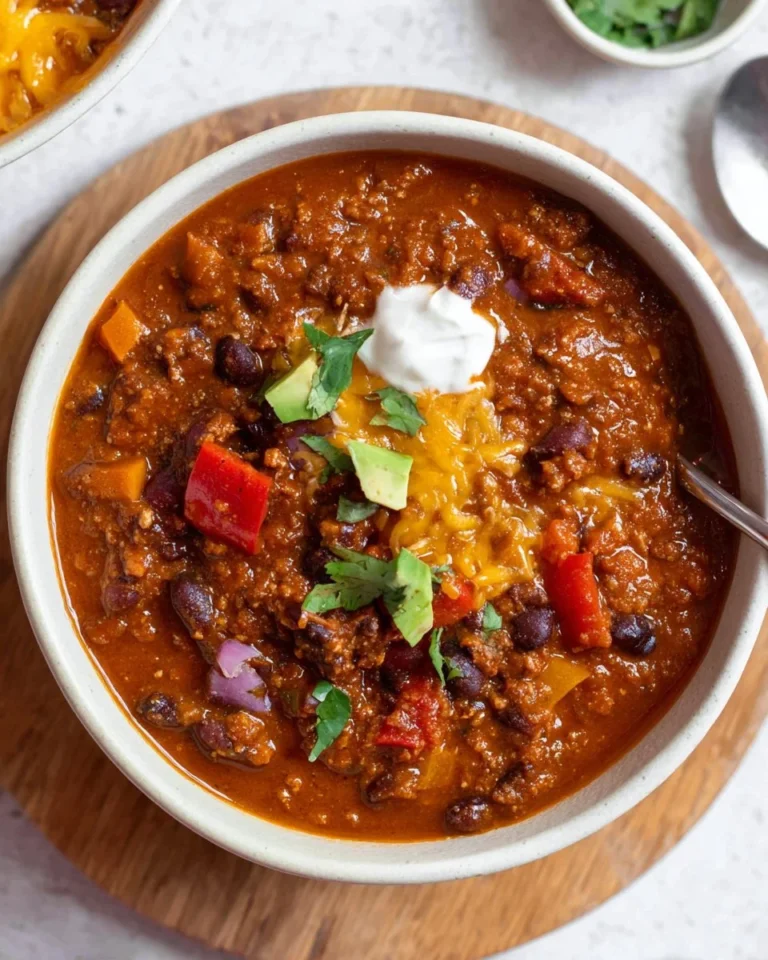 Bowl of homemade Pumpkin Chili garnished with herbs and peppers