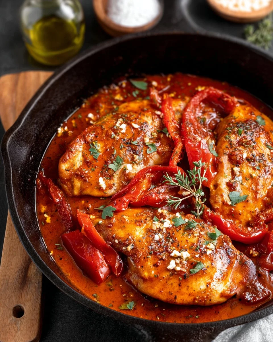 Delicious roasted red pepper chicken served with fresh herbs and vegetables.