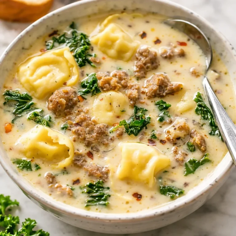 Creamy sausage and tortellini soup topped with fresh greens and savory sausage.