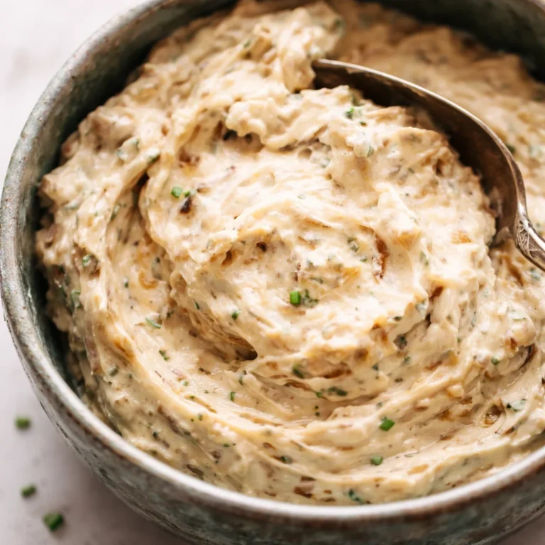 Creamy caramelized onion dip served in a bowl with herbs and toasted bread.