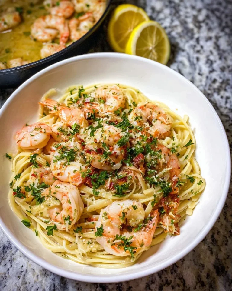 Shrimp scampi served with spaghetti in a garlic butter sauce