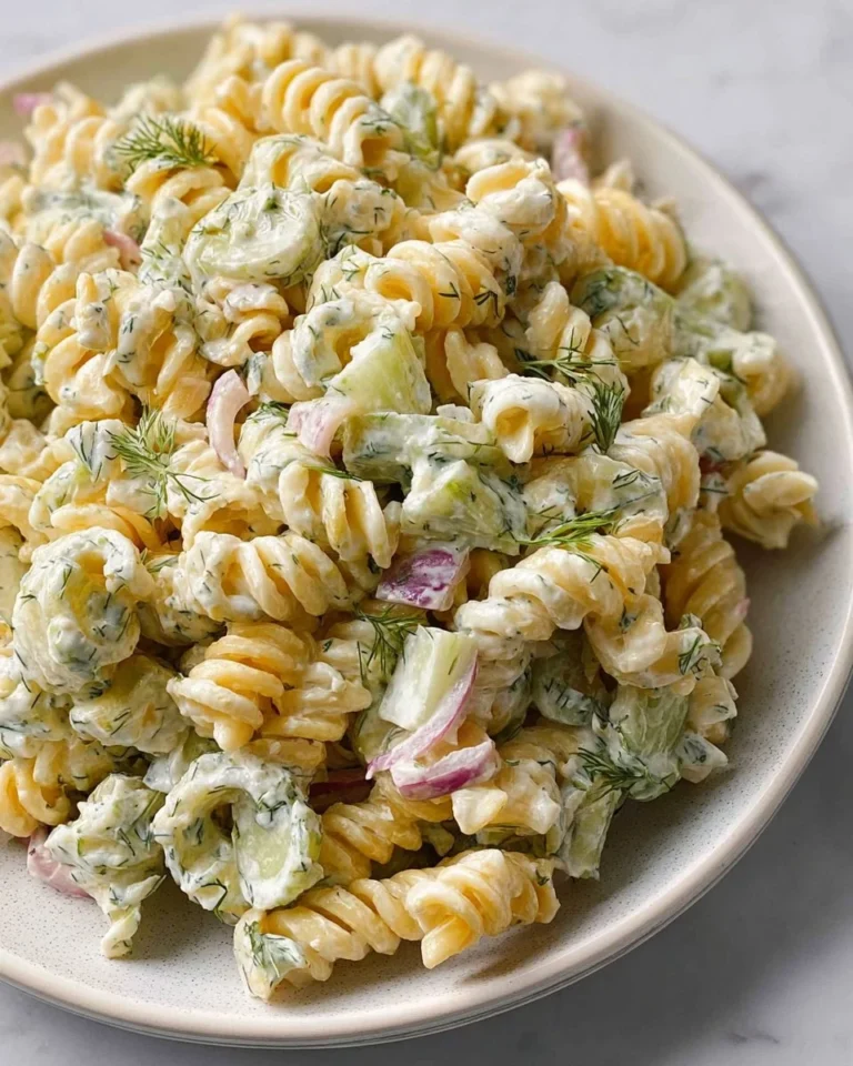 Delicious dill pickle pasta salad served in a bowl with fresh ingredients