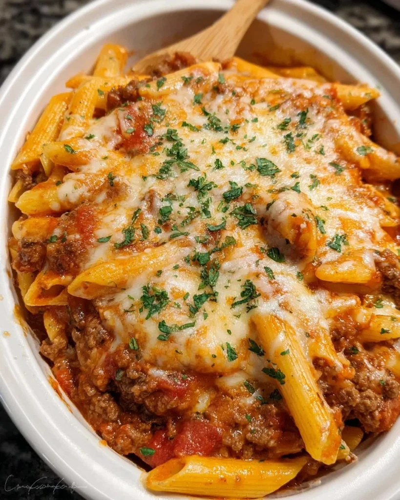Delicious slow cooker baked ziti topped with melted cheese and fresh herbs