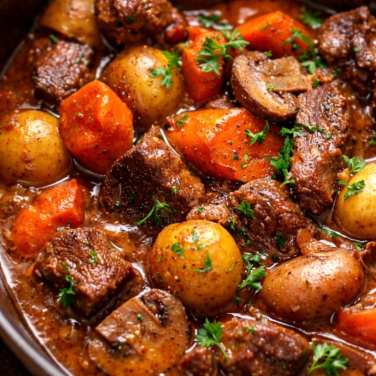 Slow Cooker Beef Bourguignon with tender beef chunks, bacon, and rich red wine sauce.