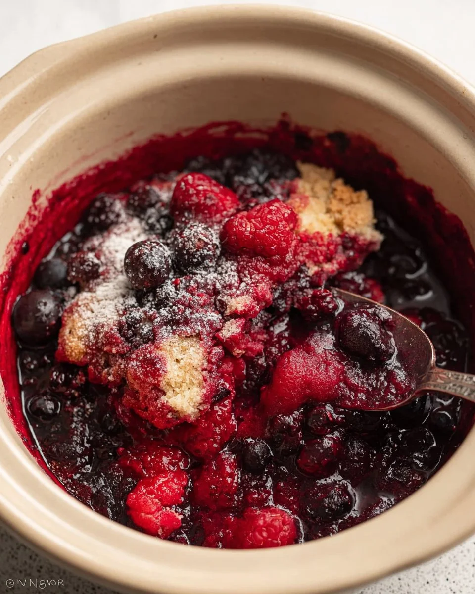 Delicious slow cooker berry cobbler served in a bowl with fresh berries.