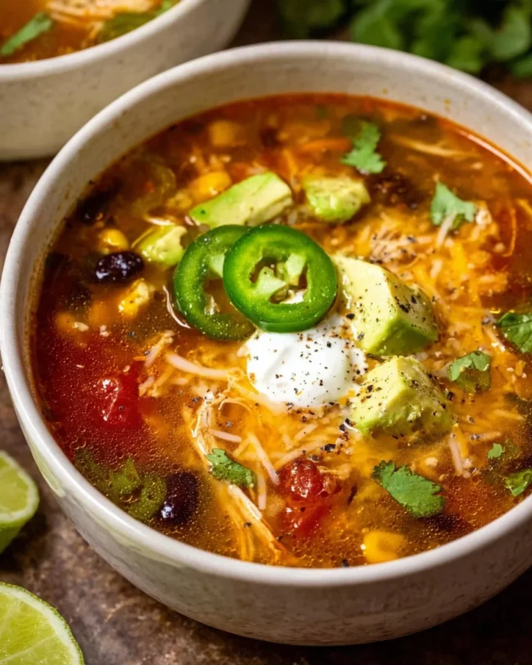 A bowl of slow cooker chicken enchilada soup garnished with cilantro and cheese