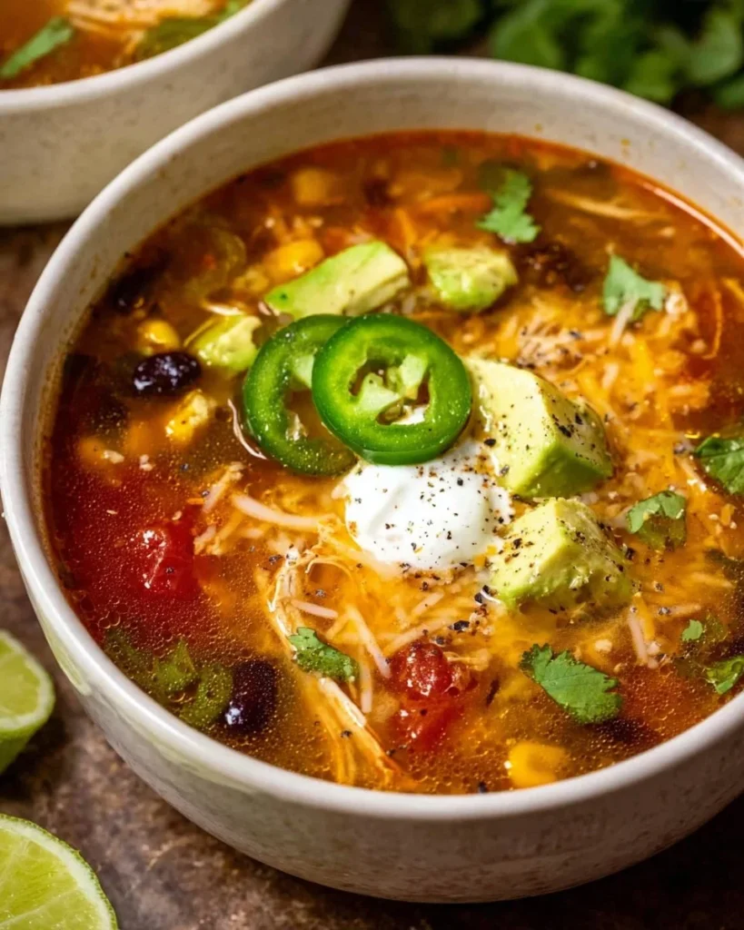 A bowl of slow cooker chicken enchilada soup garnished with cilantro and cheese