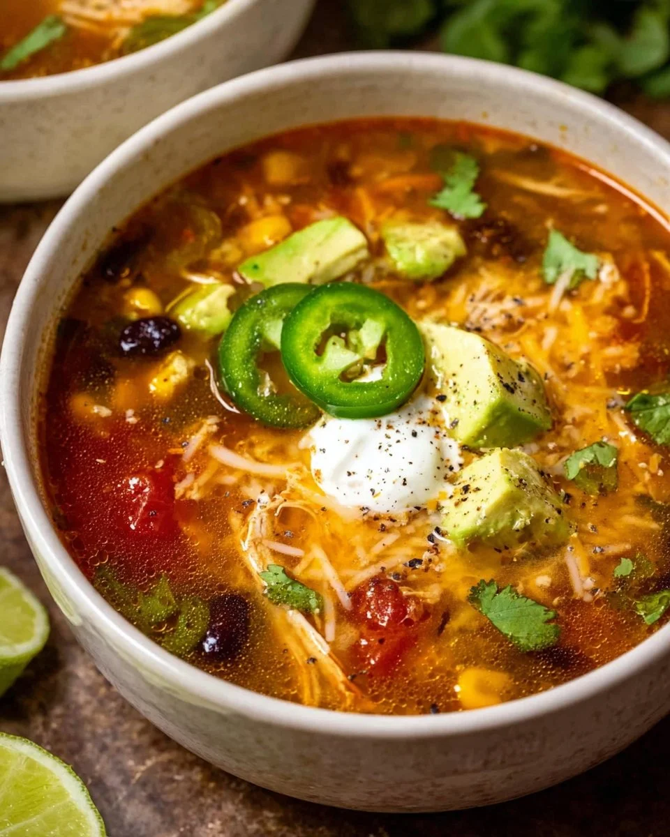 A bowl of slow cooker chicken enchilada soup garnished with cilantro and cheese