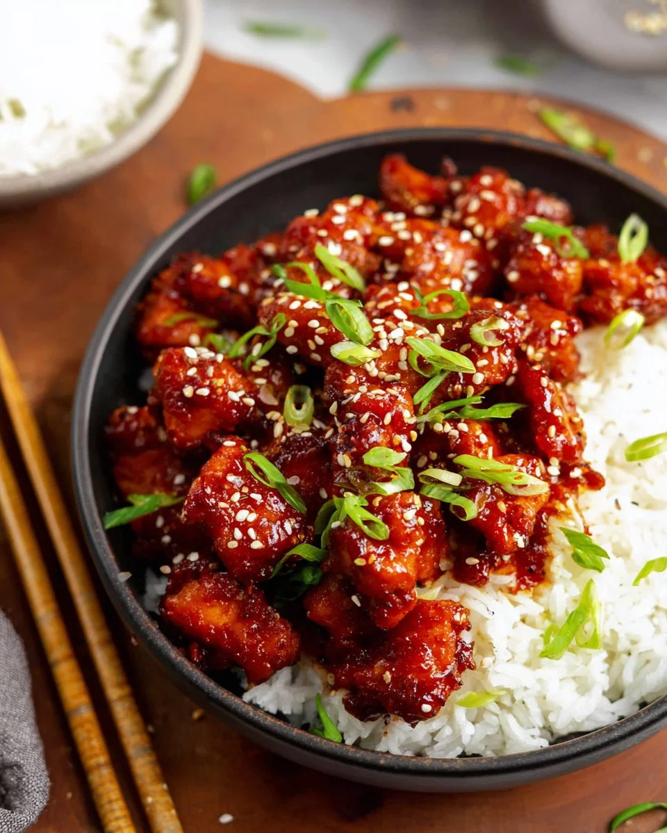 Delicious Spicy Gochujang Chicken on a plate garnished with fresh herbs