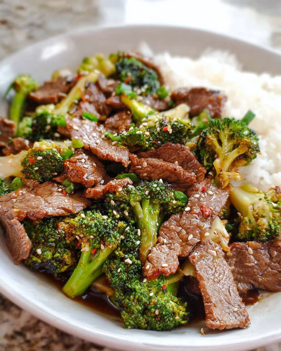 Stir fry beef and broccoli dish served in a bowl with colorful vegetables.