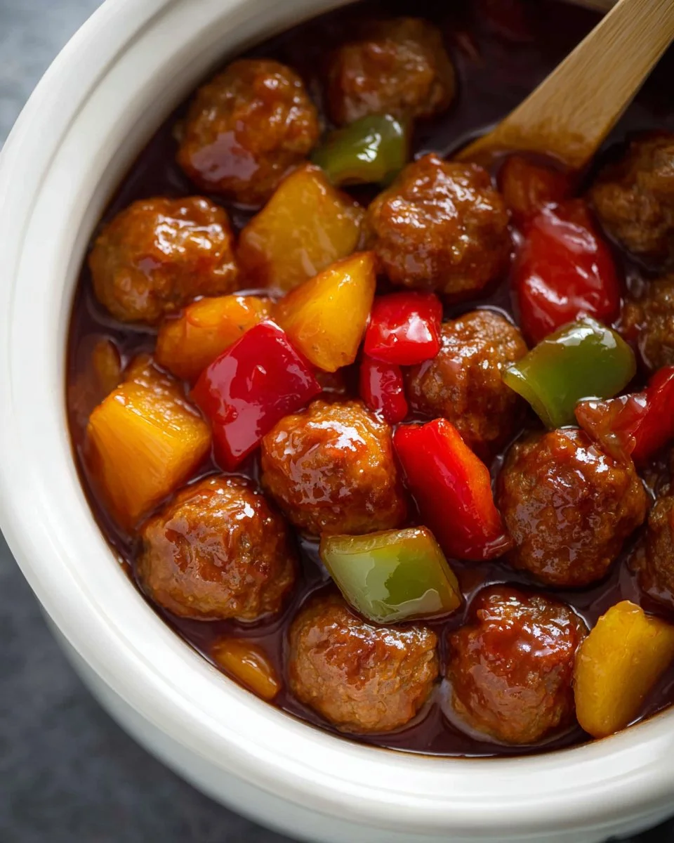Sweet and Sour Crockpot Meatballs served in a bowl with sauce
