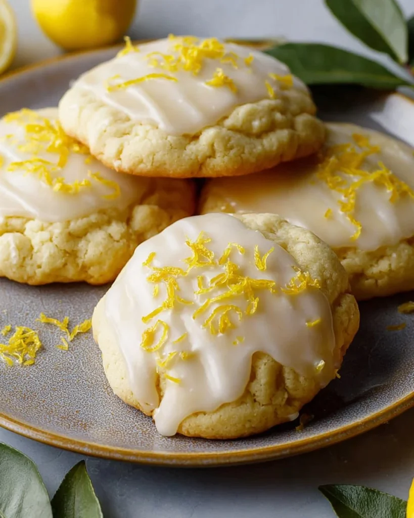 Plate of sweet glazed lemon cookies with lemon slices on the side.