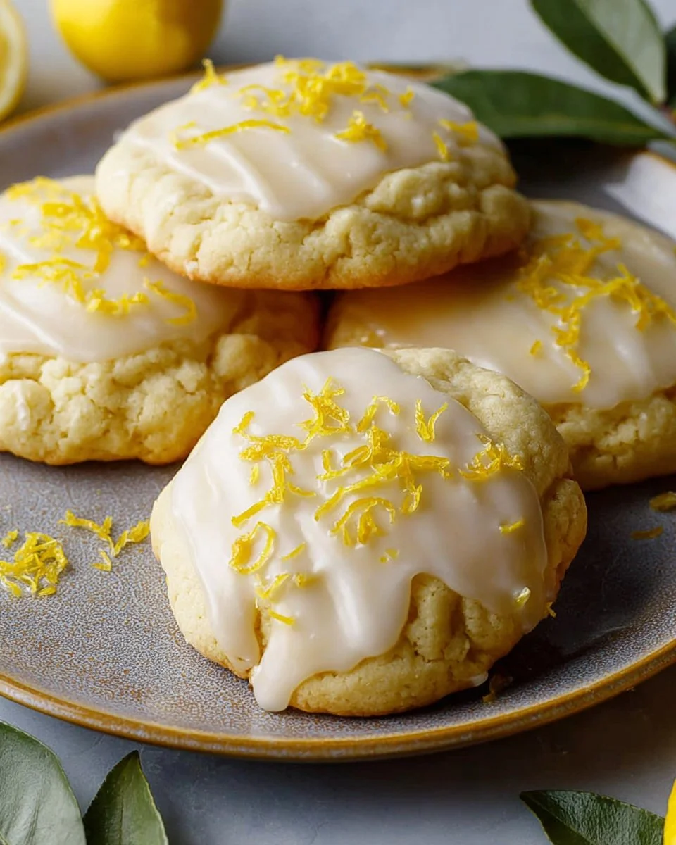 Plate of sweet glazed lemon cookies with lemon slices on the side.