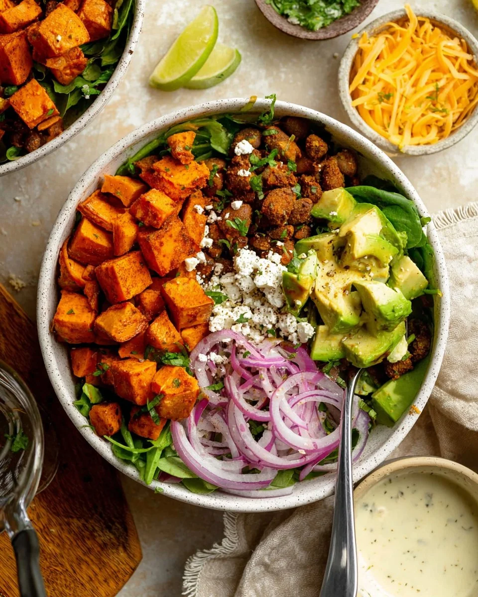Delicious sweet potato burger bowls topped with fresh ingredients
