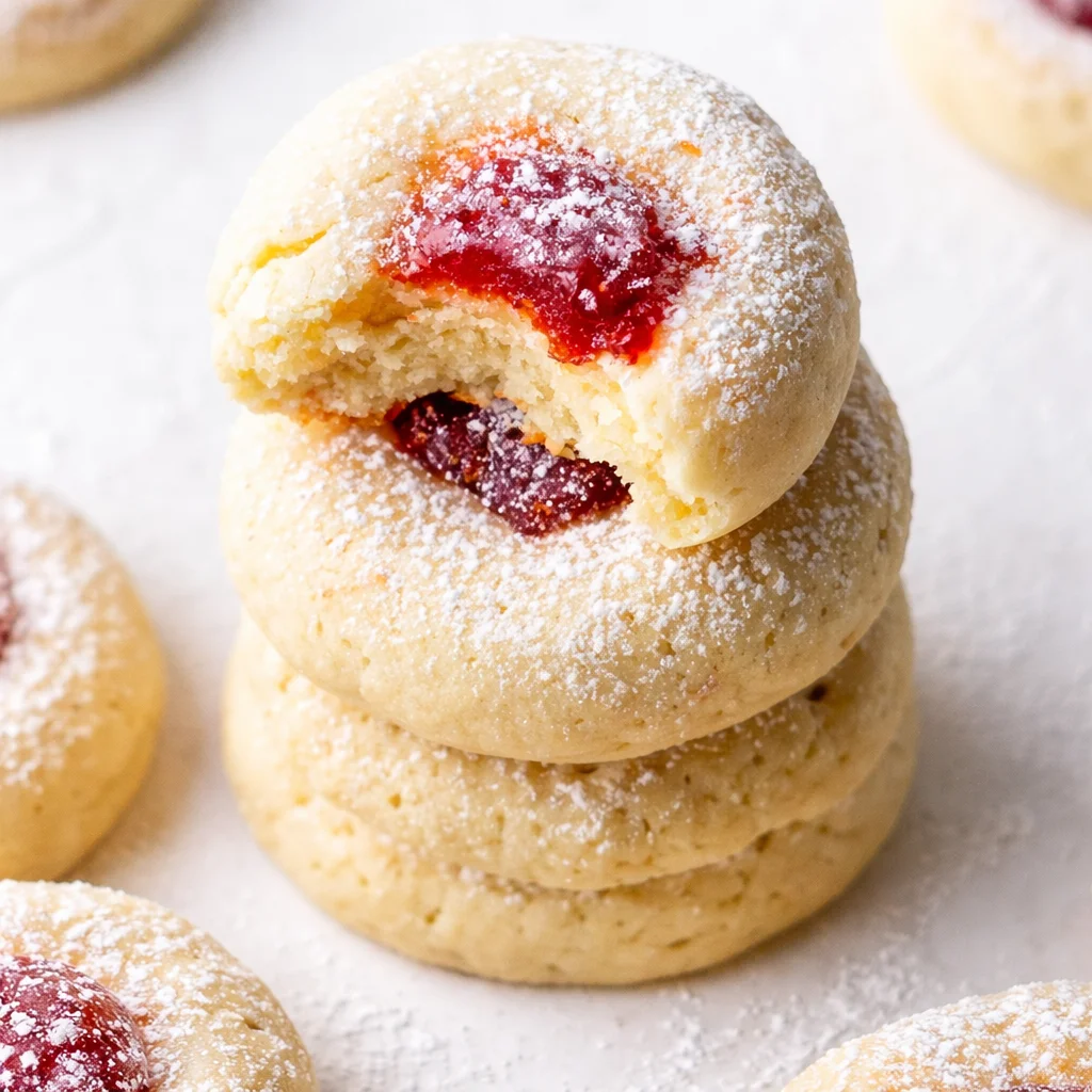 Tropical Guava Jam Thumbprint Cookies with coconut garnish and guava filling
