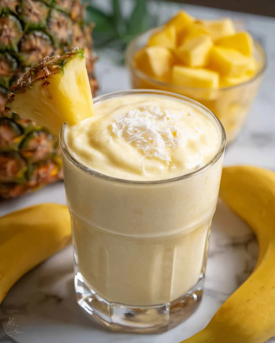 Delicious homemade tropical smoothie with fresh fruits and greens