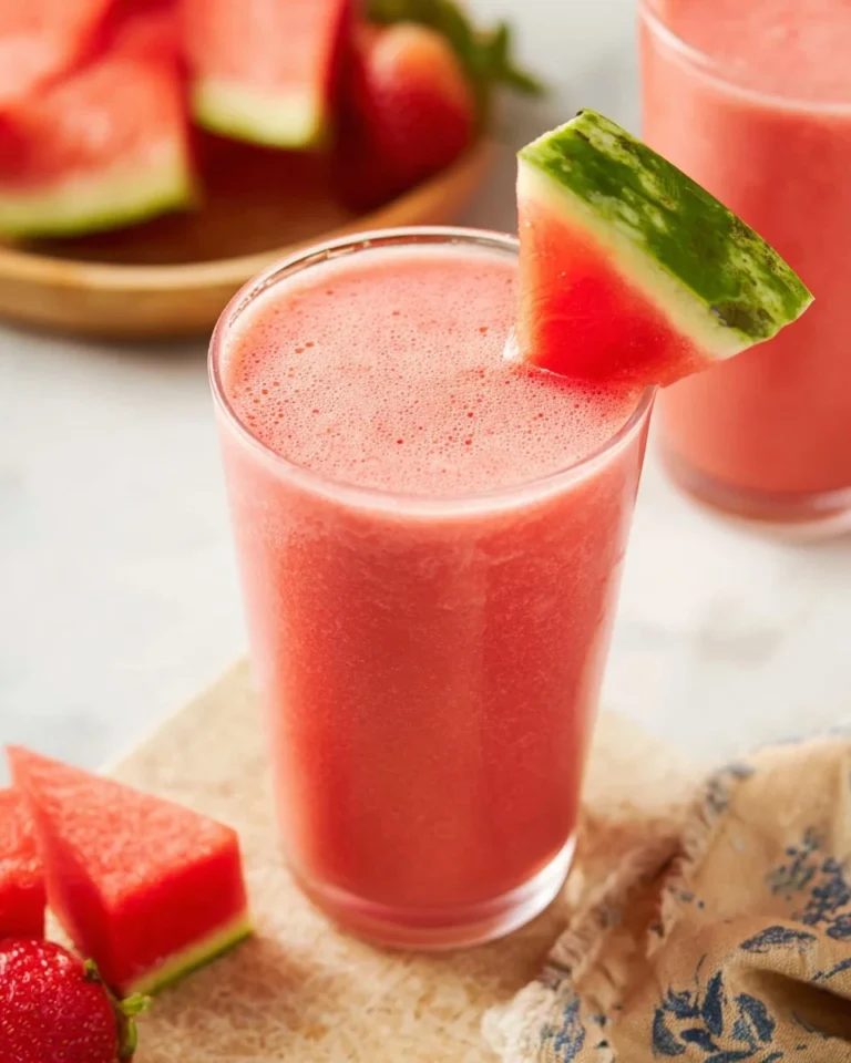 Refreshing watermelon smoothie in a glass topped with mint leaves