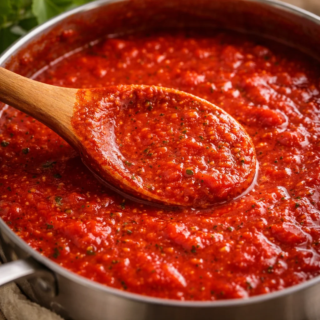 A pot of Authentic Italian Gravy simmering with meats and tomatoes, perfect for pasta.