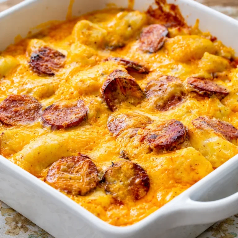 Cheesy Ranch Potatoes and Smoked Sausage casserole dish served hot.