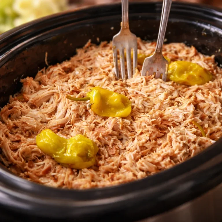 Crock Pot Mississippi Chicken served with pepperoncini and herbs.