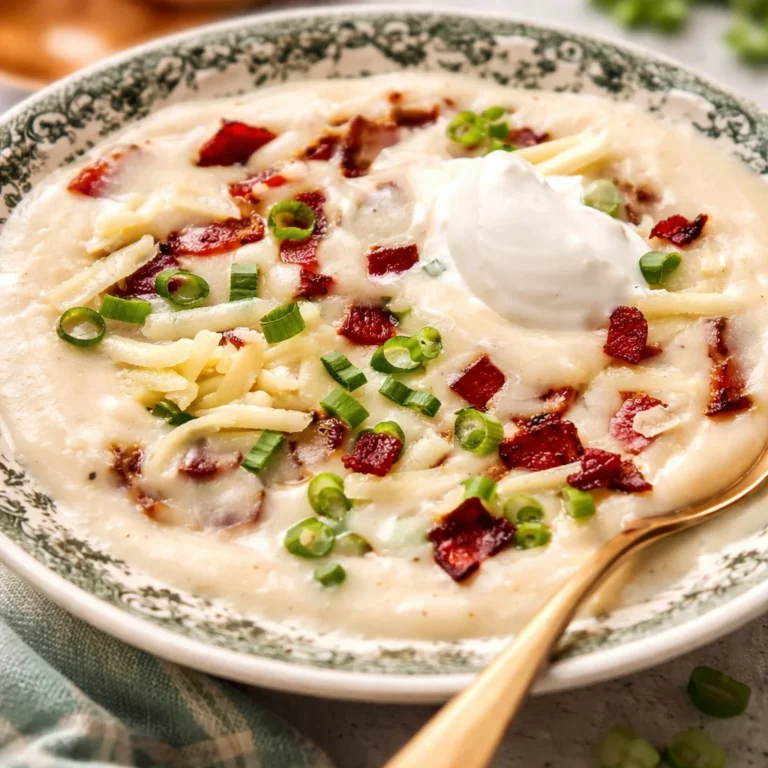 Bowl of creamy easy Crockpot potato soup topped with cheese and bacon.