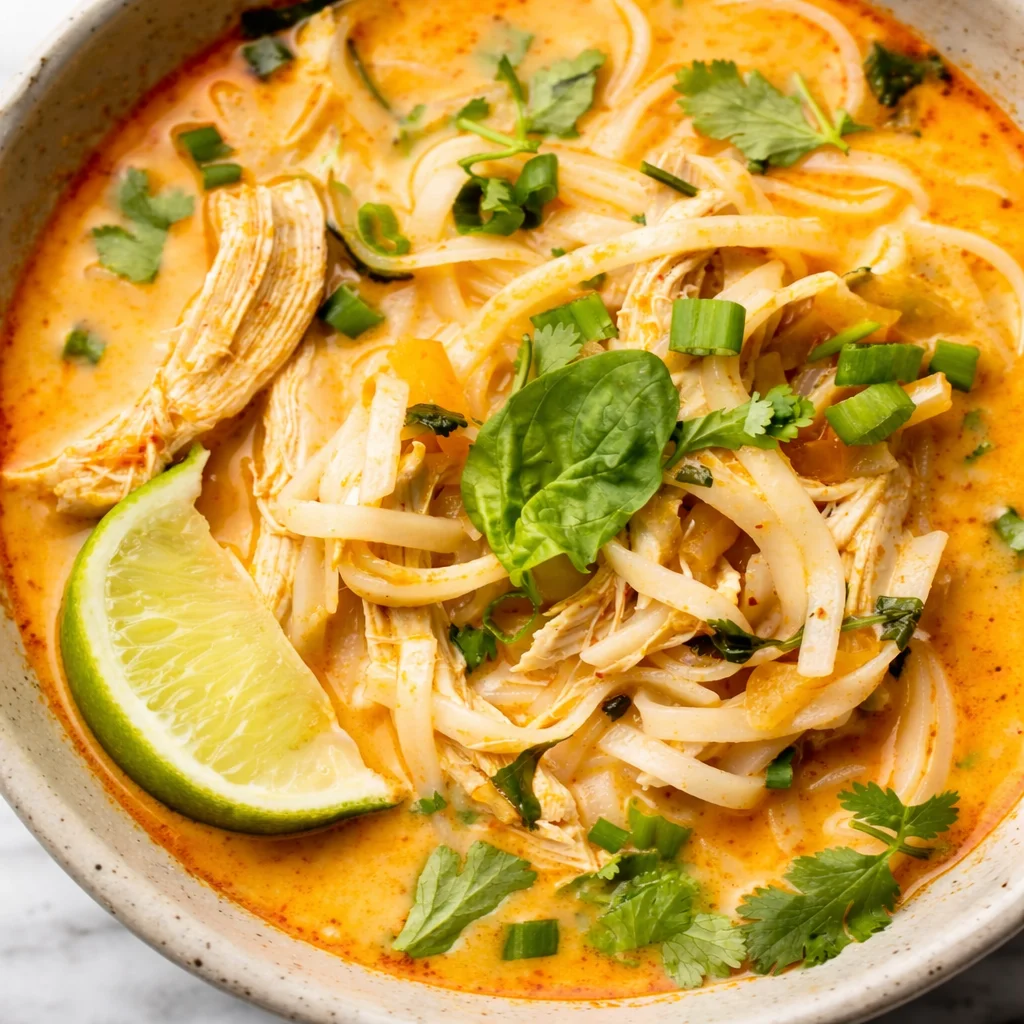 Bowl of Easy Thai Chicken Soup with coconut milk and fresh herbs