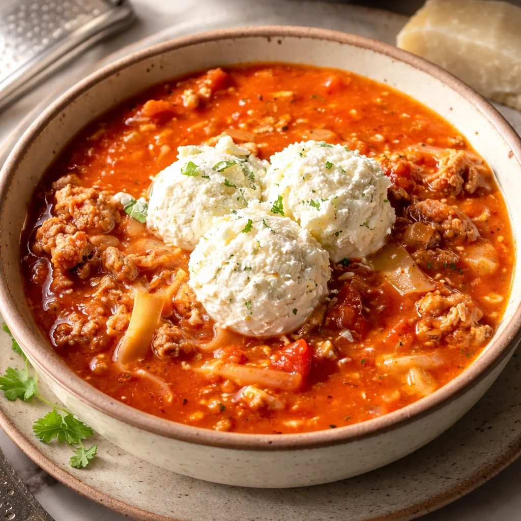 Bowl of high protein lasagna soup made with cheese, ground beef, and fresh herbs.
