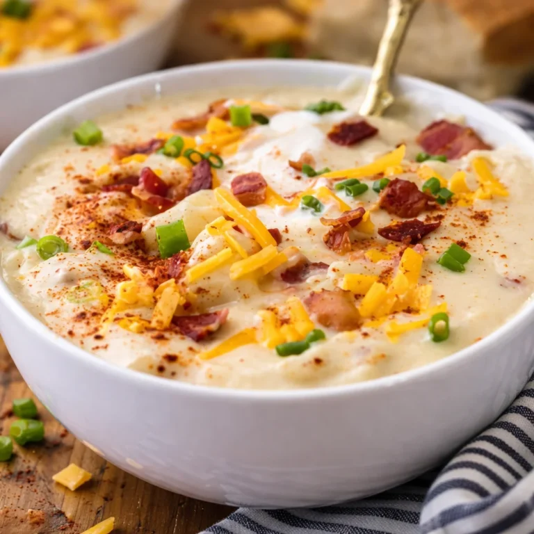 Bowl of creamy Loaded Potato Soup topped with bacon, cheddar, and sour cream.
