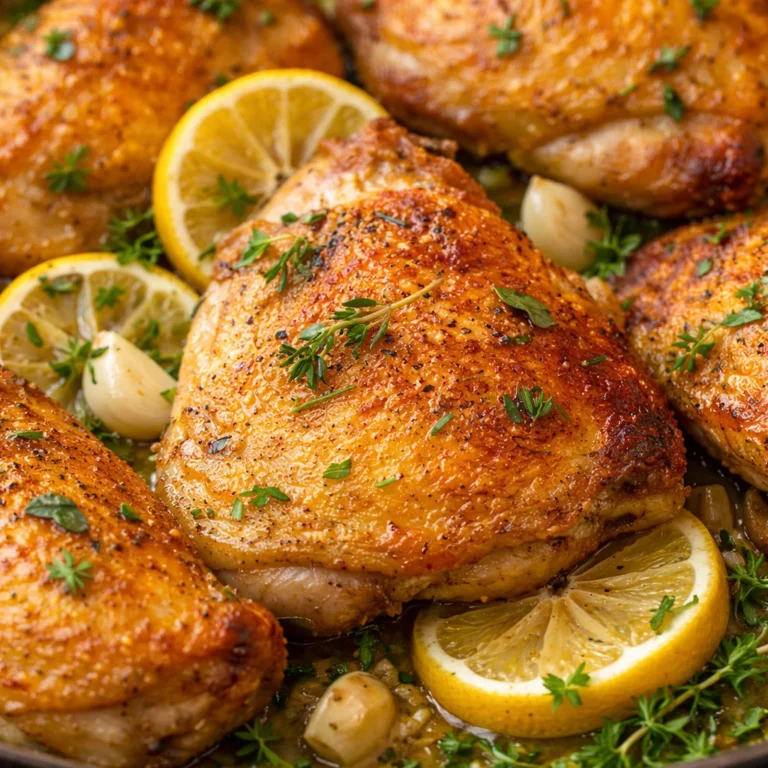 Baked Lemon Garlic Herb Chicken served with fresh herbs and lemon slices