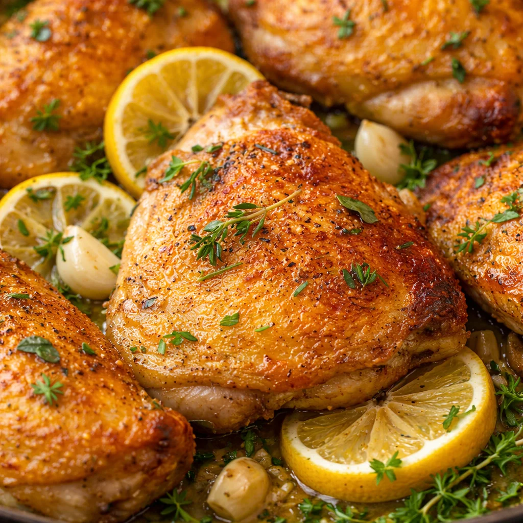 Baked Lemon Garlic Herb Chicken served with fresh herbs and lemon slices
