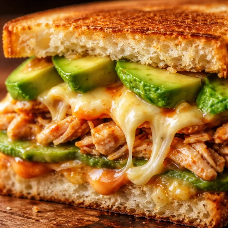 Delicious Chicken Avocado Melt Sandwich with crispy bread, melted cheese, and creamy avocado.