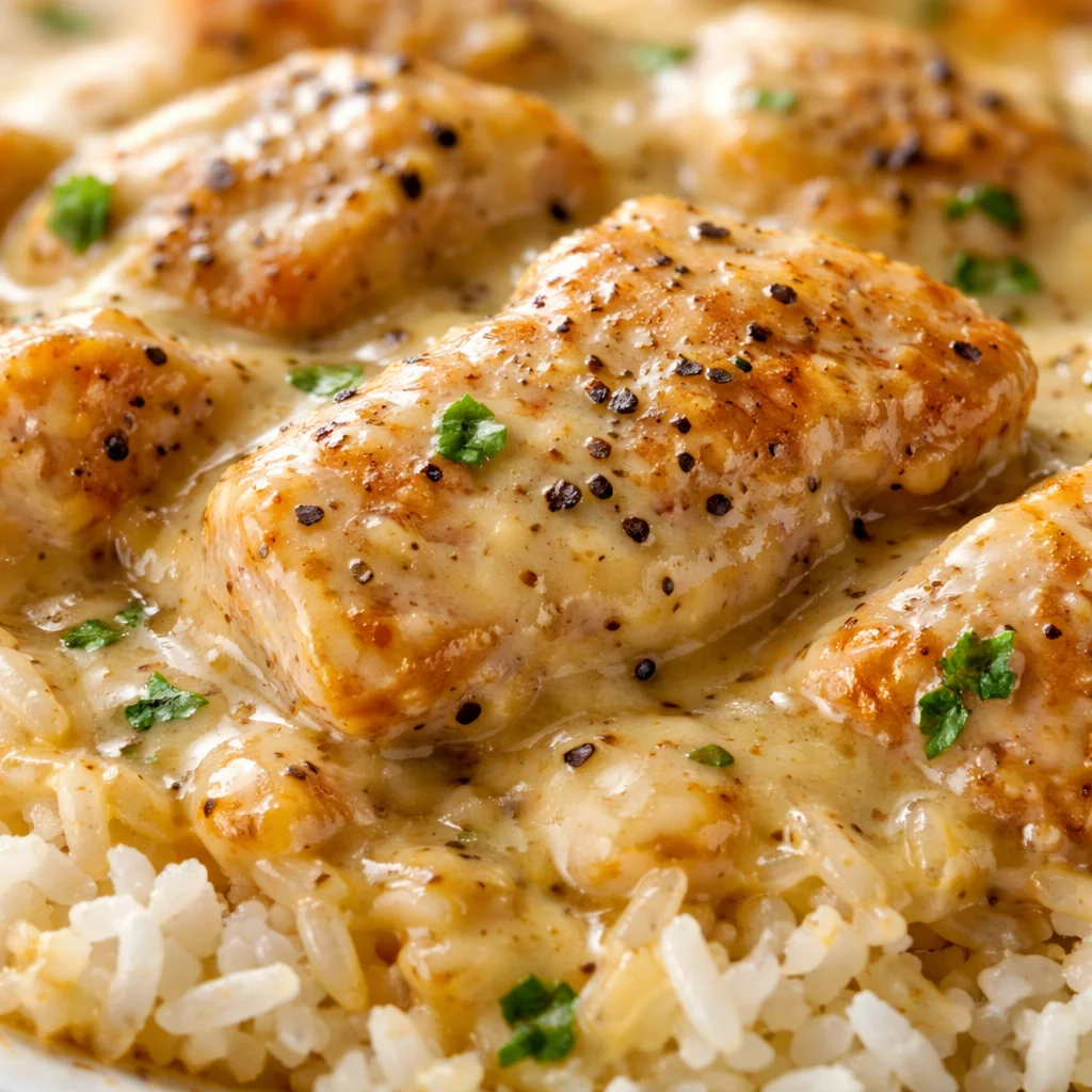 Creamy Smothered Chicken and Rice served with fluffy rice and herbs.