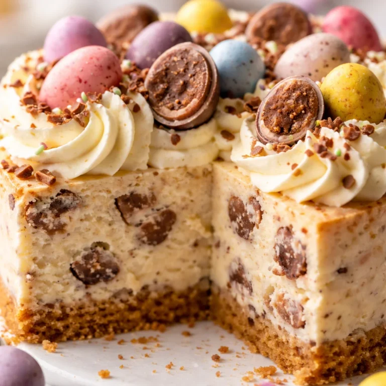 Decadent Easter Egg Cheesecake with creamy filling and chocolate shell on a graham cracker crust.