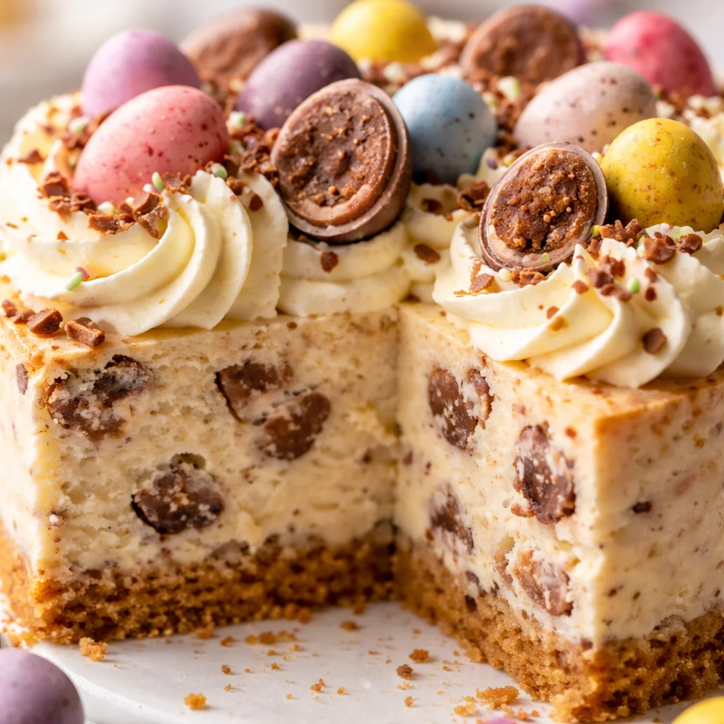 Decadent Easter Egg Cheesecake with creamy filling and chocolate shell on a graham cracker crust.