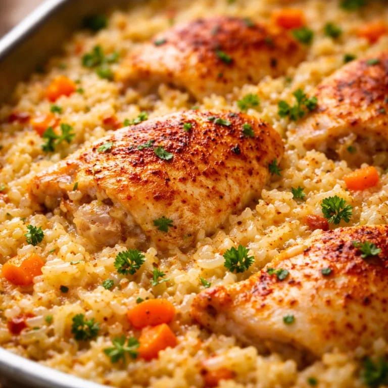 Delicious Easy One Pan Chicken & Rice Casserole served hot from the oven.
