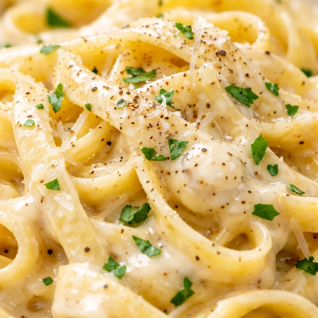 Delicious homemade Olive Garden's Alfredo Sauce served over fettuccine pasta.